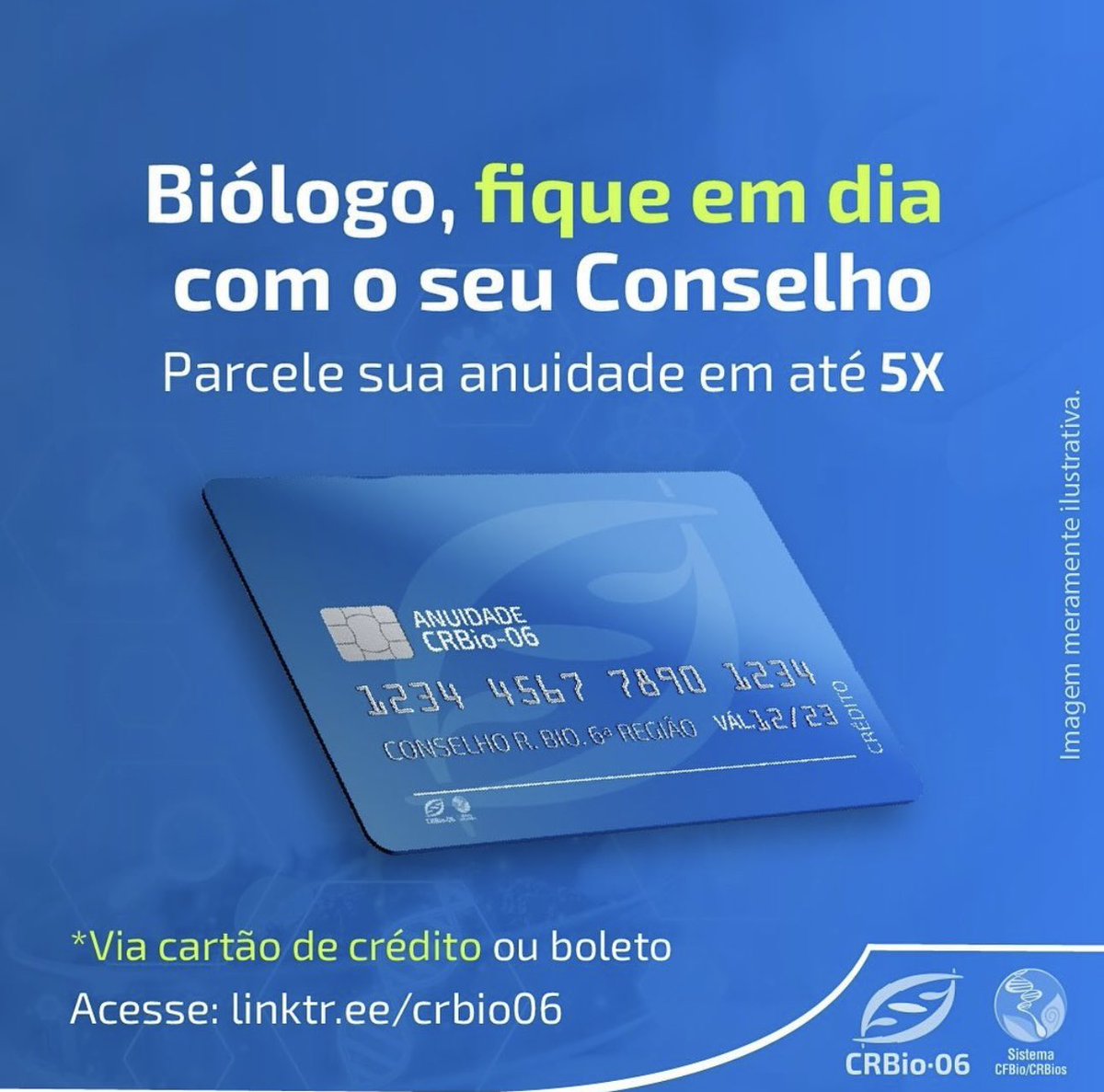 CRBio06's tweet photo. Biólogo, fique em dia com o seu Conselho! Para facilitar o processo, agora você pode parcelar sua anuidade em até 5 vezes, seja por cartão de crédito ou boleto bancário.

Parcele aqui https://t.co/UOPBonH43U https://t.co/glLiTAr4zQ
