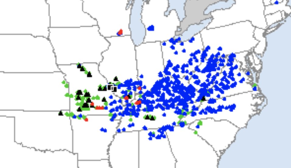 15 PRELIM #tornado reports from yesterday's outbreak with 5 main tornado-producing supercells in southern MO, southern WI, southern IL and western KY before congealing into a forward-propagating wind bag to cause all the blue wind reports