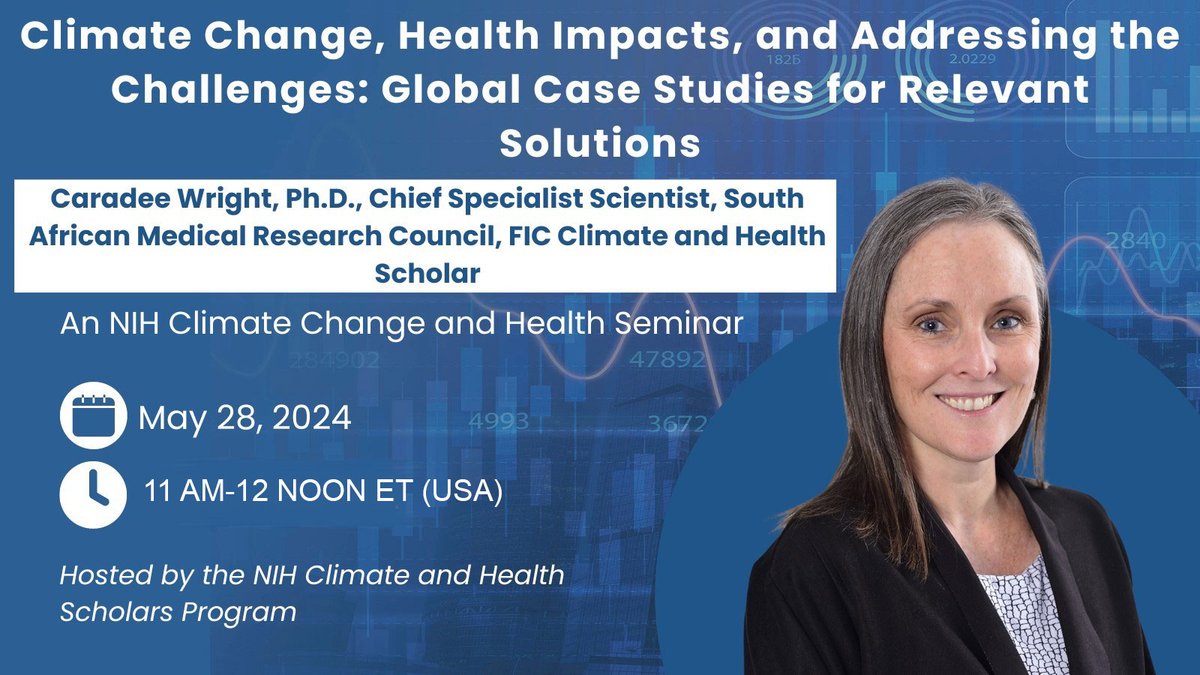📣 Happening TOMORROW! Looking for #ClimateChange solutions in a #global context? Register for May 28 webinar on #global case studies for relevant solutions to #ClimateChange, presented by #Fogarty Climate & Health Scholar Caradee Wright. nih.zoomgov.com/webinar/regist…