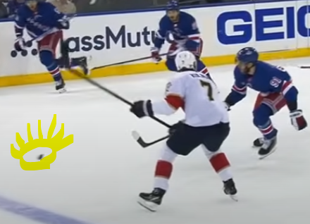 davrion's tweet photo. @Bennihana70 Btw, this is a photo of the puck going "pretty much right to Kulikov". I even drew a terrible statue of liberty head around the puck to help you spot it better. The clue should have been that the puck passed Wennberg on the RIGHT, Kulikov approached him from the LEFT https://t.co/98GN6jJt48