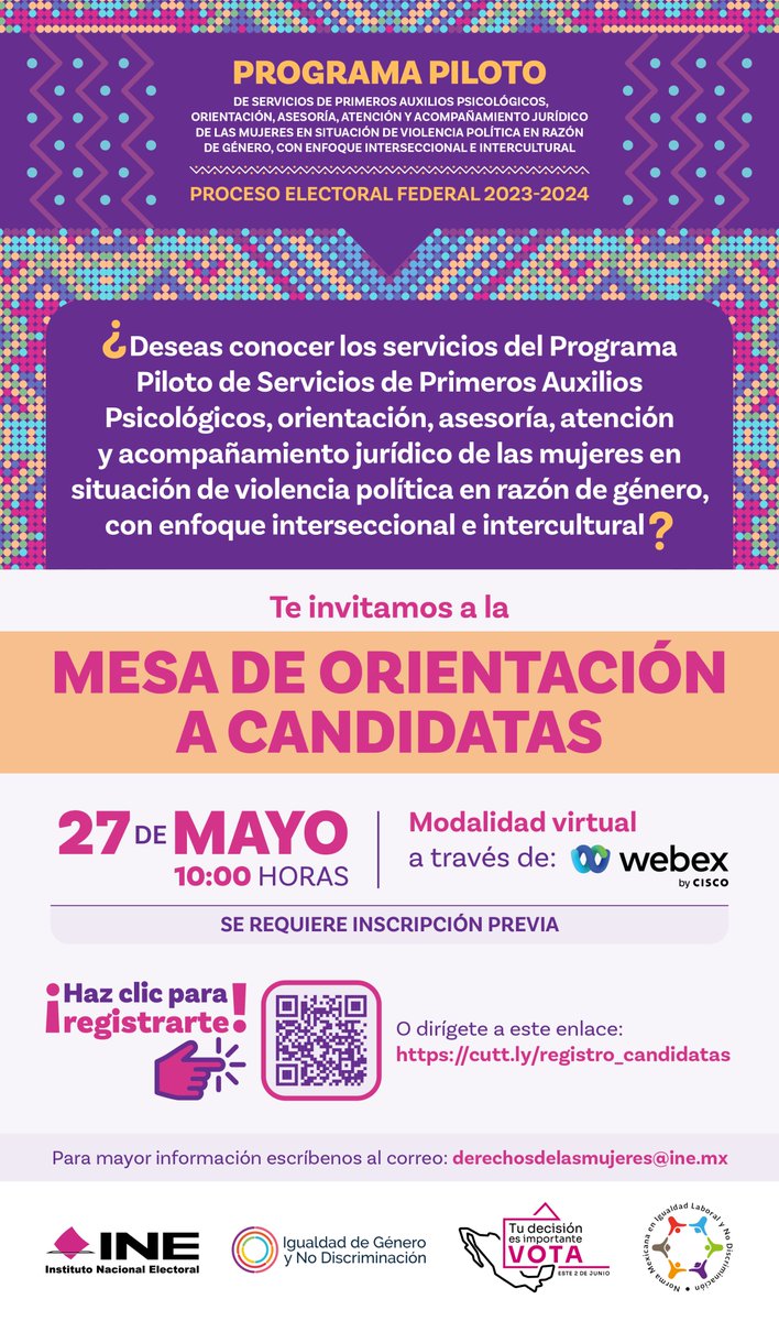 ¡Atención candidata!

Conoce los servicios del Instituto Nacional Electoral para mujeres en situación de violencia política de género en este proceso electoral.

📅27 de mayo
⏰10:00 hrs

Regístrate 👇
ine.webex.com/weblink/regist…