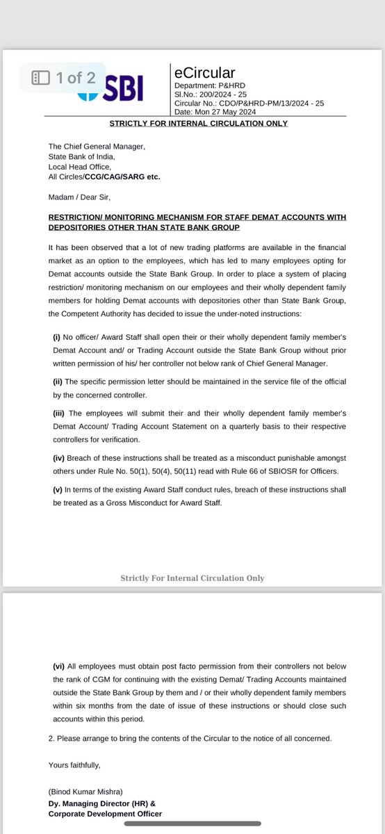 SBI @TheOfficialSBI  now insists that all staff and their dependents open Demat accounts only with them. That's hilarious—my wife doesn't even take my dinner suggestions seriously, and they think she'll listen to my boss? 😂😂