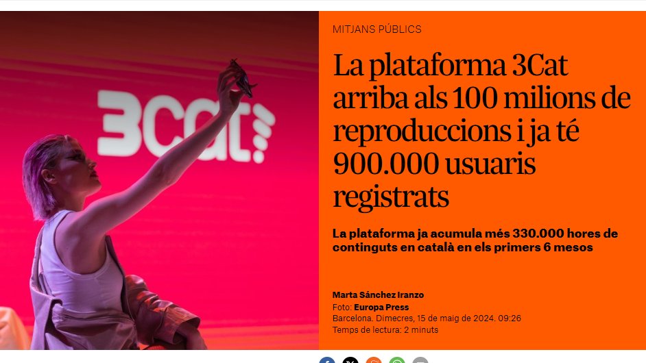 He estat MOLT crític amb el govern d'ERC, però que la plataforma 3Cat superi els 900.000 usuaris i els 100 milions de reproduccions, és un èxit majúscul i històric. Tot això en 6 mesos. El camí és que arribem als 2 milions: és factible i tenim material audiovisual per fer-ho.