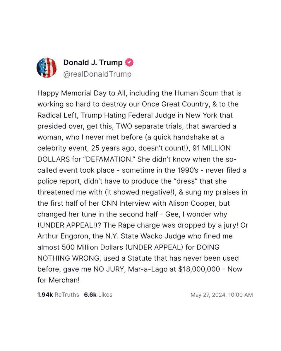 Trump posts Memorial Day message with zero mention of fallen American service members, instead calling those who don’t support him “Human Scum”
