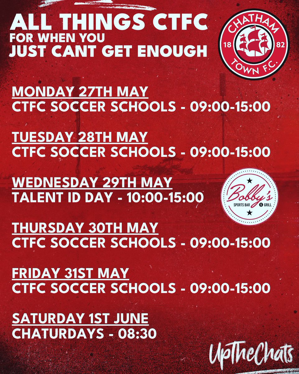 𝗔𝗟𝗟 𝗧𝗛𝗜𝗡𝗚𝗦 𝗖𝗧𝗙𝗖! Make sure you stay up to date with what we’ve got coming up this week! 👇 Soccer Schools return plus our final Talent ID day event is on Wednesday! 🔴⚪⚫ #UpTheChats