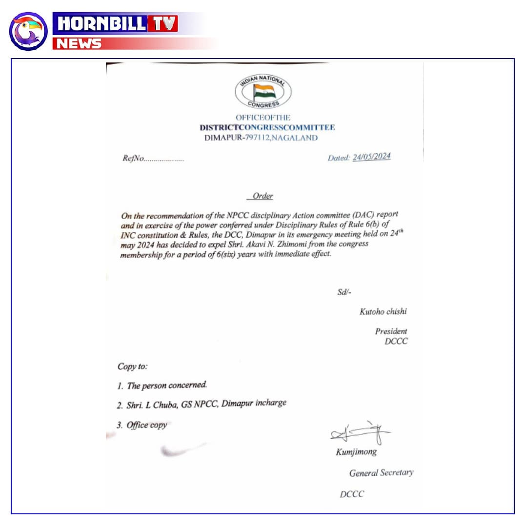 hornbilltv's tweet photo. Ghaspani 1 INC ex-candidate, Akavi N Zhimomi has been expelled from the Congress Party for a period of 6 years for indulging in anti-party activities.
#INC #Congress #AntiParty #ExCandidate #Nagaland https://t.co/sW4Il5jhKD