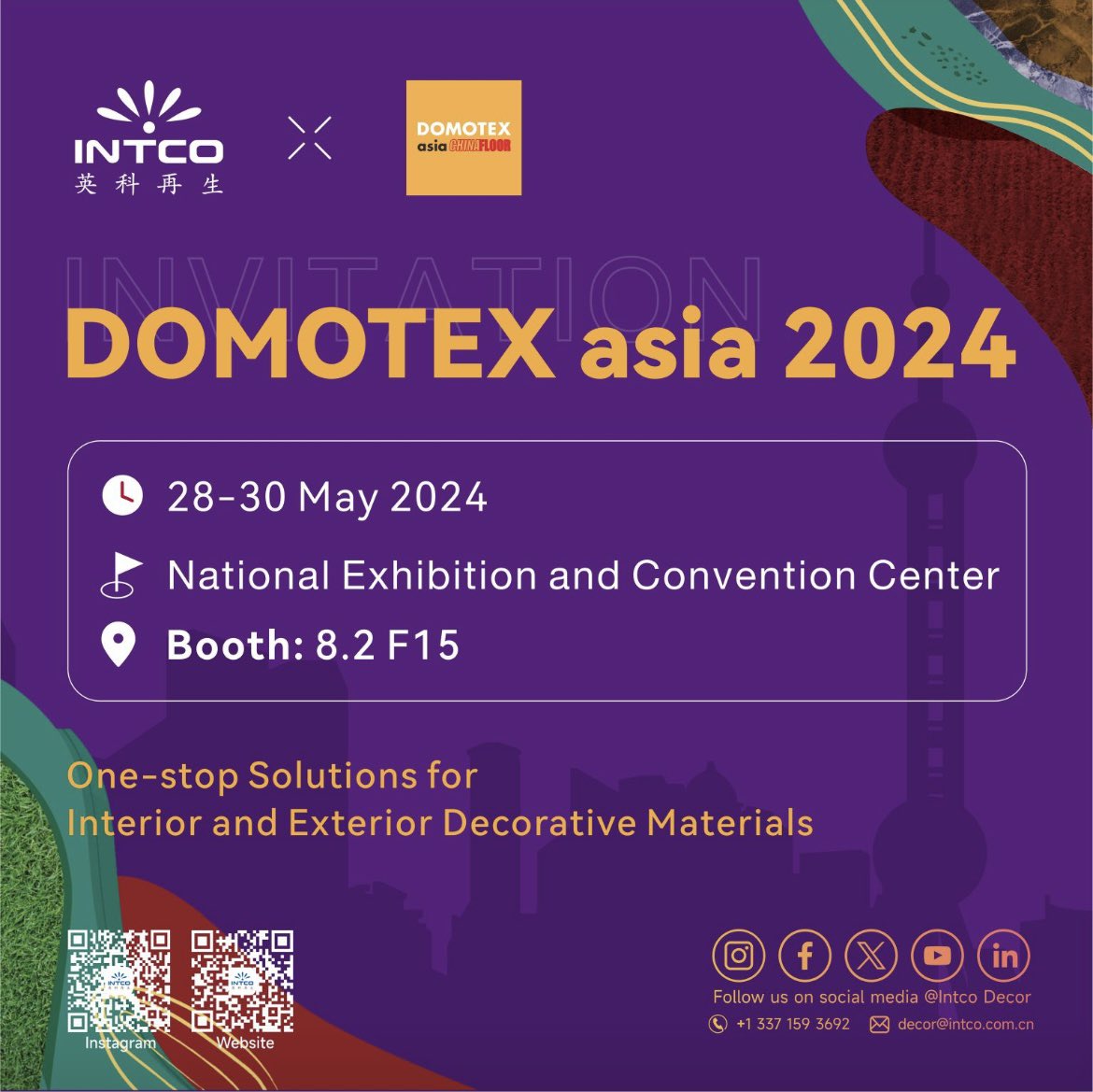 Exhibition Invitation:
Intco Decor invites you to visit DOMOTEX asia 2024

👉 Date: 5.28-5.30, 2024
👉 Location: Shanghai · National Exhibition and Convention Center
👉 Booth: 8.2F15
👉 The exhibition products include:
Wall Panels/Moulding &amp; Accessories/Outdoor Decor