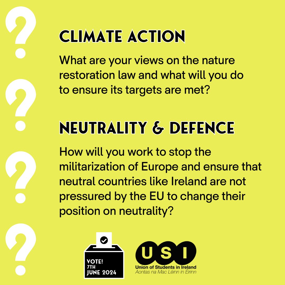 🇪🇺 🗳️ European Elections take place in Ireland on June 7 Campaigning is well underway, so we've put together some questions you can ask European election candidates as a student voter, if you are canvassed over the next few weeks❗️