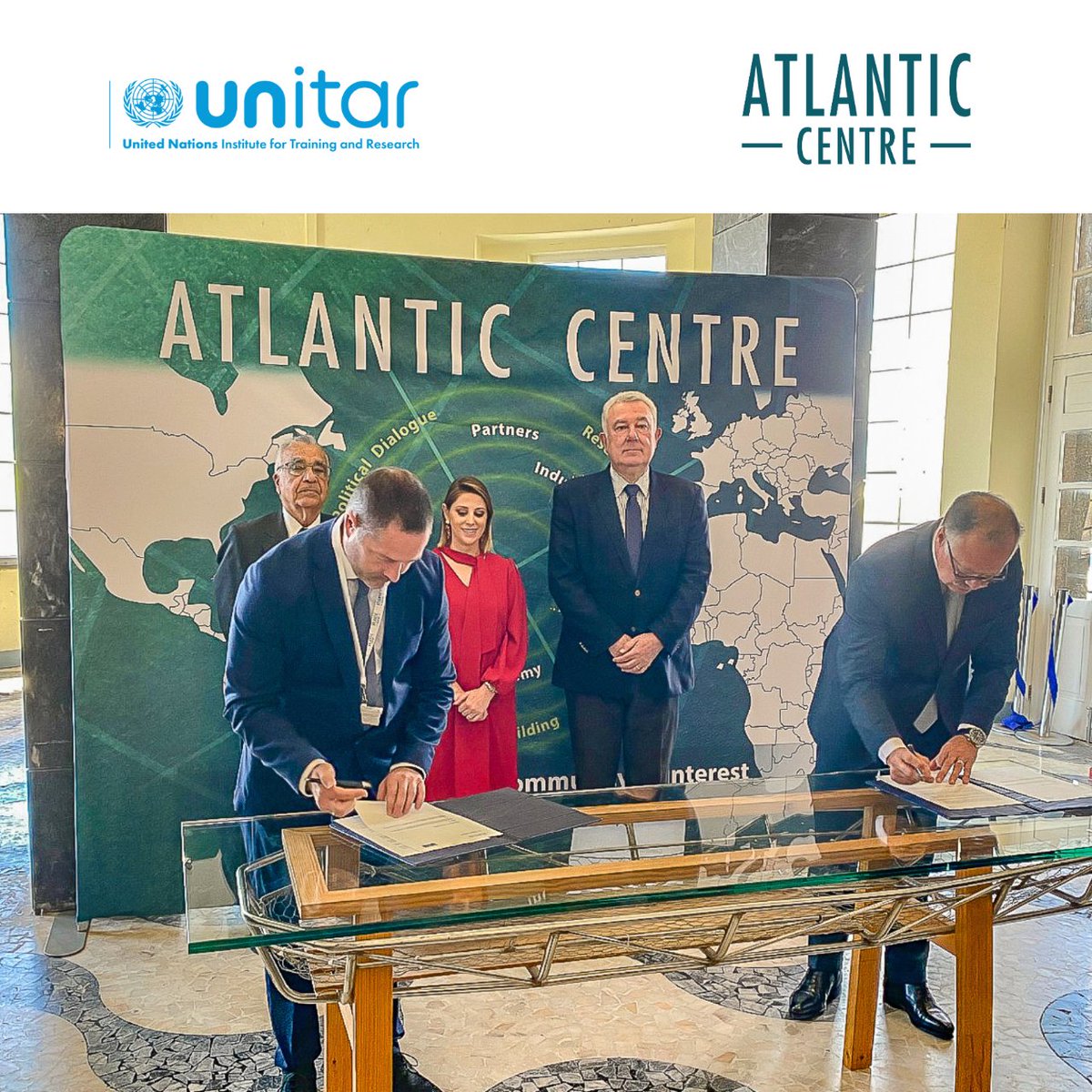 UNITAR's tweet photo. 🚢 New partnership !

The Atlantic Centre and UNITAR have signed an MoU to enhance maritime security &amp; port governance!

Together, we will develop specialized training, facilitate knowledge exchange, empower key stakeholders.

#MaritimeSecurity #PortGovernance https://t.co/TGvOwBxrW3