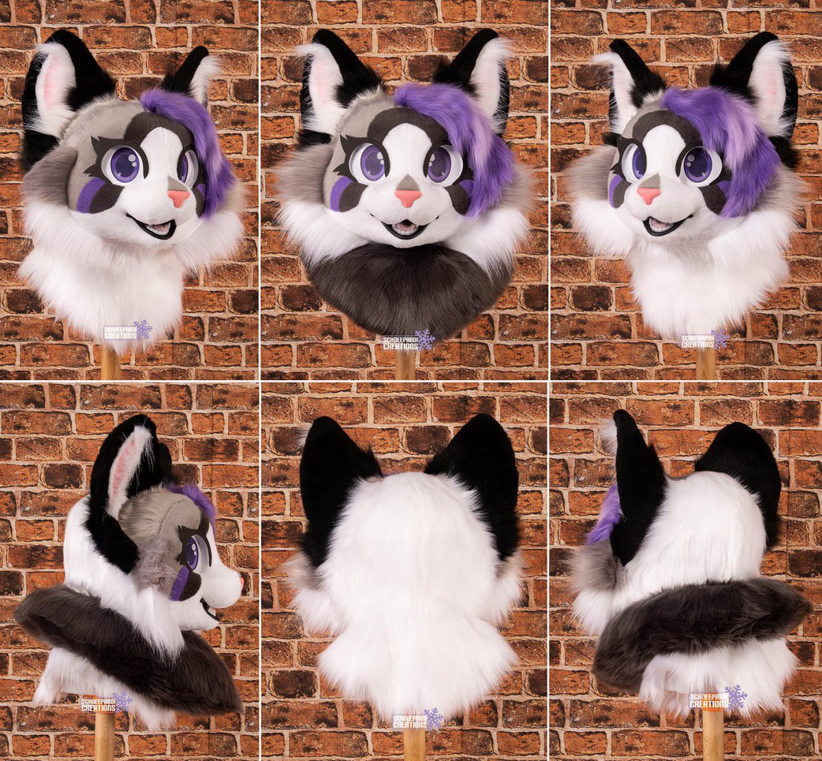 Photo collage of the ragdoll kitty 💜 I‘m so proud of her! Still missing hand paws and arm sleeves. I’ll take offers on her, when the partial is finished. If she don‘t find a home, I‘ll bring her to Eurofurence :3