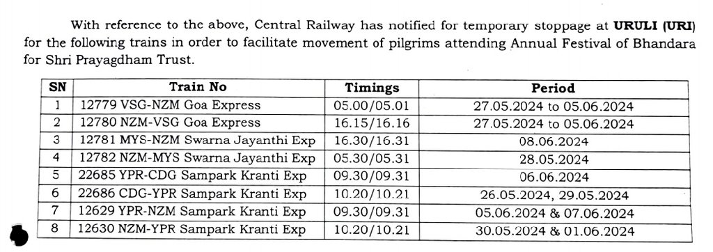 Kindly note the temporary stoppage at Uruli for the following trains: #SWRupdates