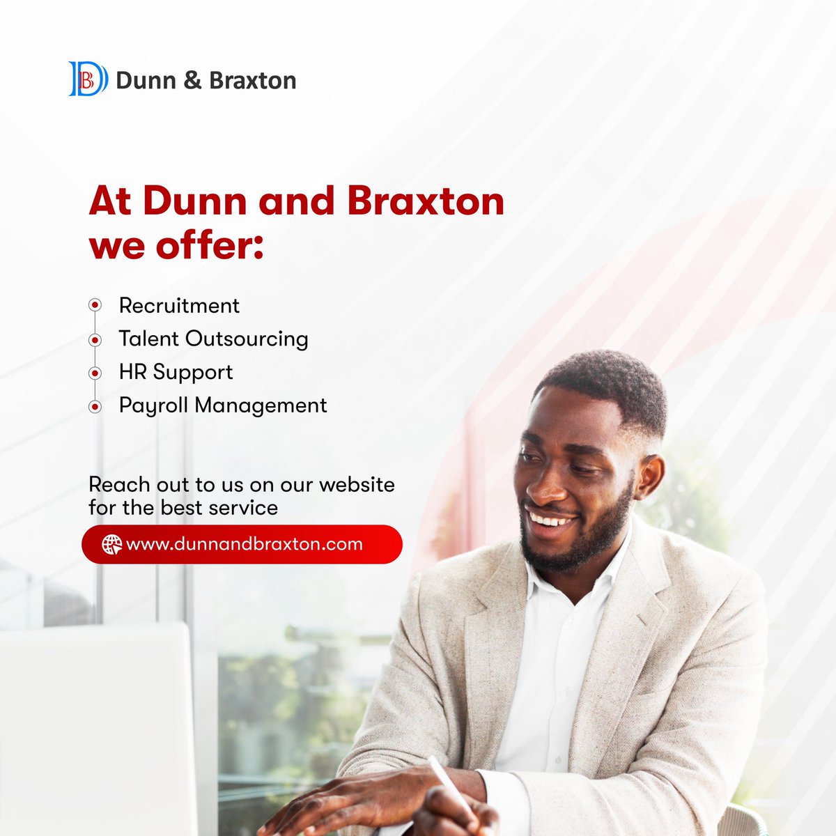From recruitment to payroll management, we offer comprehensive HR solutions tailored to your needs. Reach out to us on our website for unparalleled service: dunnandbraxton.com 

#HRSolutions #Recruitment #TalentOutsourcing #PayrollManagement #DunnAndBraxton