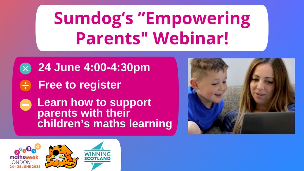 Our founders @sumdog are hosting an 'Empowering Parents' webinar joined by @winningscotland to share effective strategies to support parents with their children's maths learning journey!

Register now: bit.ly/4buaX5E

#MathsWeekLDN #FreeWebinar #EmpoweringParents