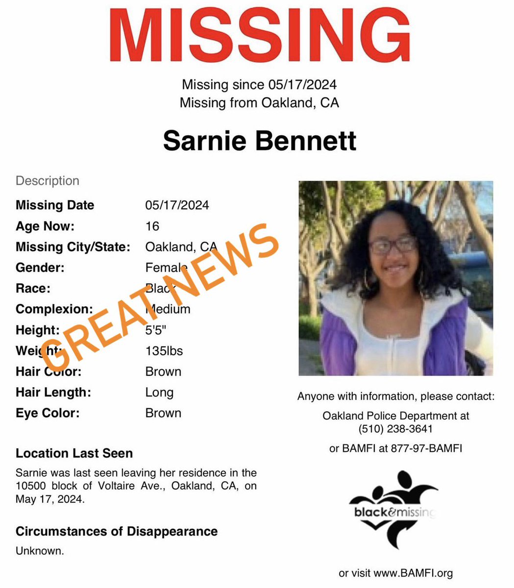 GREAT NEWS! Oakland police has alerted us that 16y/o Sarnie Bennet has been found. Thank you all for sharing her profile! 🧡