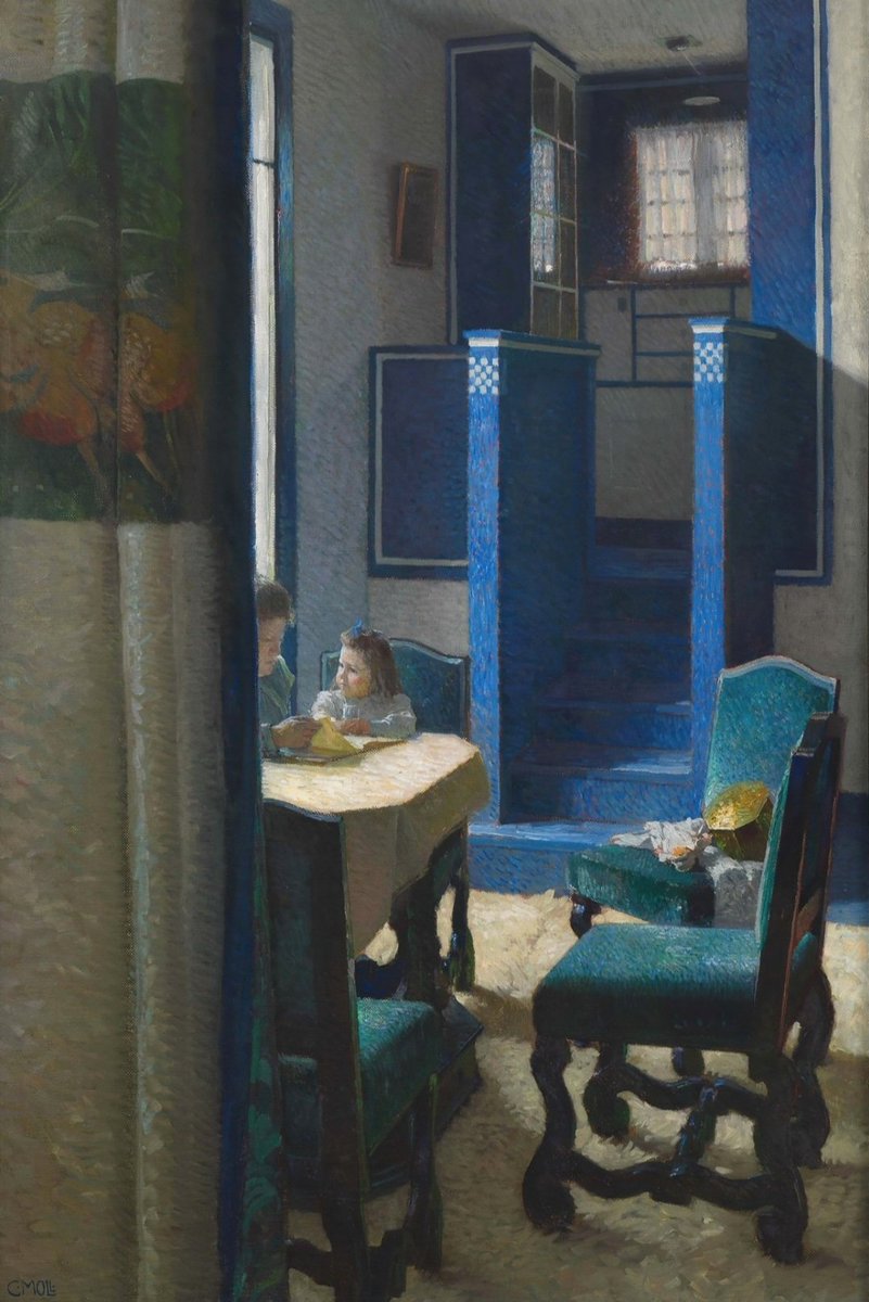 Primarily known for his landscapes and still lifes, Carl Moll painted a number of interiors depicting dining tables from 1899 onwards. In these, he captured the synthesis of natural and artificial light from different surfaces, including tablecloths, crystal glasses, silver