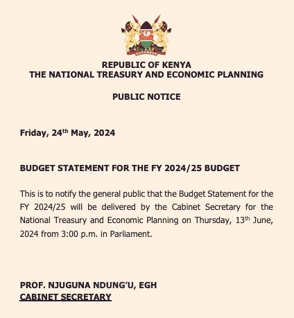 🇰🇪 📅 | Kenya's budget day is set for Thursday, 13th June 2024. Mark your calendars.