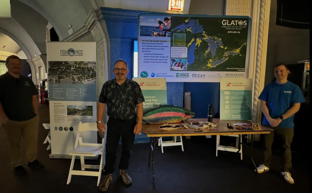 SheddResearch's tweet photo. Thanks to @GLATOS_Fish &amp; @LampreyControl's FishPass project for joining us @shedd_aquarium to celebrate World Fish Migration Day ! It was fun to highlight the efforts to understand fish migrations at home in the Great Lakes and worldwide. https://t.co/5FGLlAGjgL