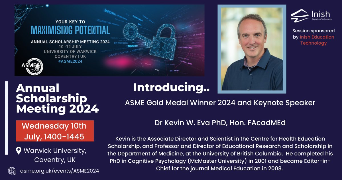 Introducing.. 
ASME Gold Medal Winner 2024 and Keynote Speaker
👏Dr Kevin W. Eva👏 
Register now for #ASME2024 to hear his talk! 
🗓️Wednesday 10th July, 1400-1445 
📍Warwick University, Coventry, UK  asme.org.uk/forms/asm2024