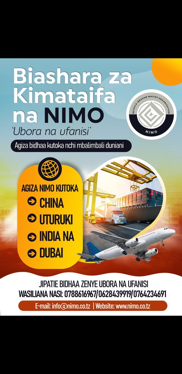 nimocompany's tweet photo. AGIZA NA NIMO!

Katika dunia ya leo ya biashara, NIMO Company inafanya kazi kubwa kuunganisha ulimwengu kupitia biashara ya kimataifa. Safari yetu inaanzia mbali, katika nchi za CHINA, INDIA, UTURUKI na DUBAI na kuleta bidhaa bora hadi hapa Tanzania. https://t.co/aFxNwcNHJ1
