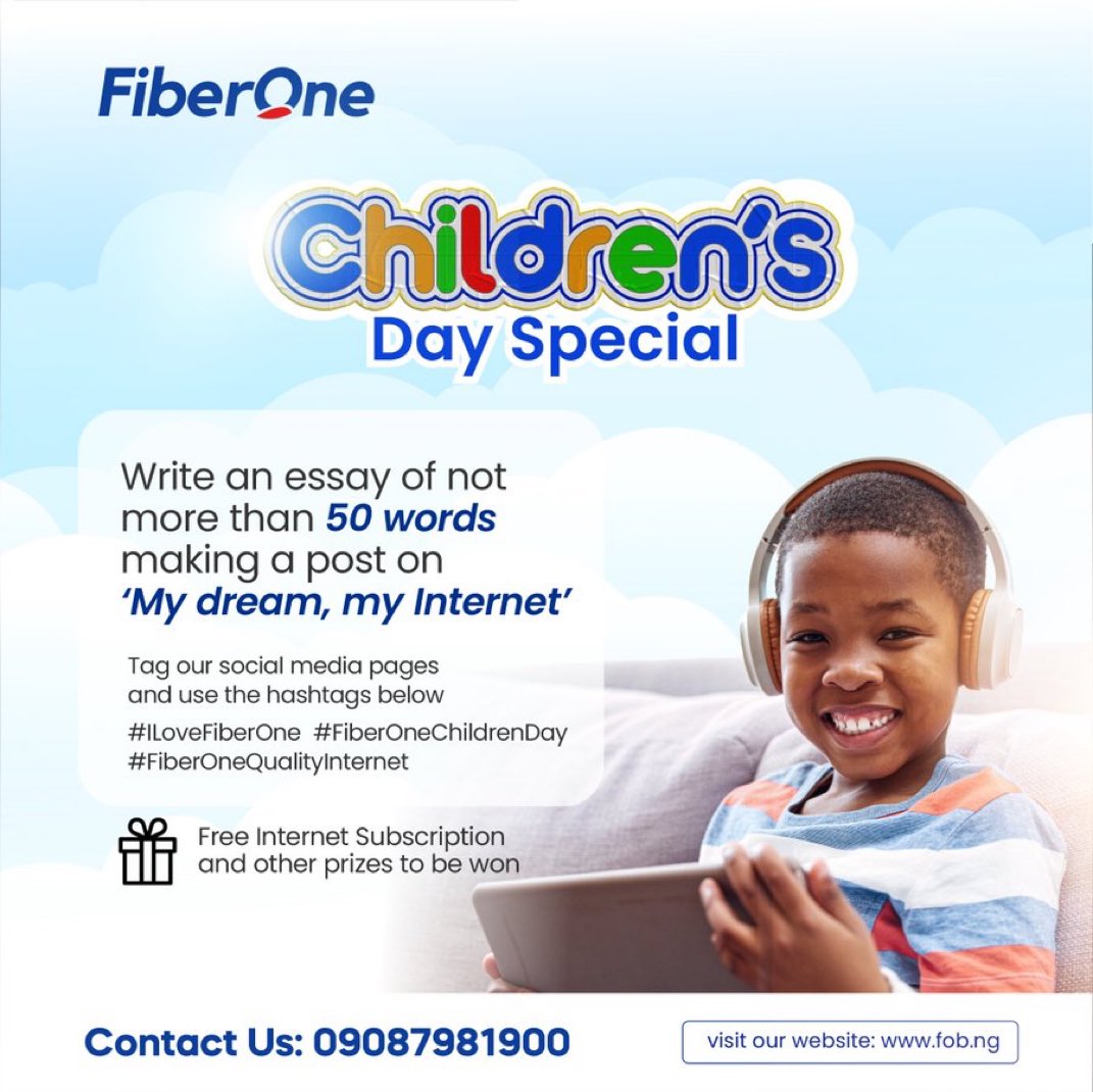 Don’t miss out guys🚨

Fiber one is celebrating children's day by giving out free internet subscription 

How to participate to win:
Write an essay of not more than 50 words making a post on “My dream, My internet”

Use #FiberOneGiveaway and tag @FiberOne twitter and IG page