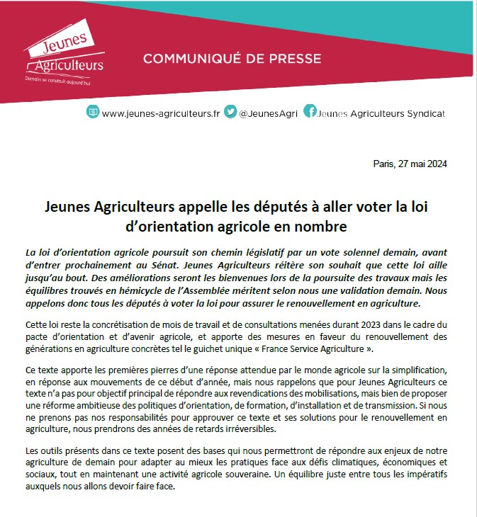 🚨📣
[CP] 
Jeunes Agriculteurs appelle les députés à aller voter la loi d’orientation agricole en nombre ! 
Notre communiqué 👇
jeunes-agriculteurs.fr/wp-content/upl…