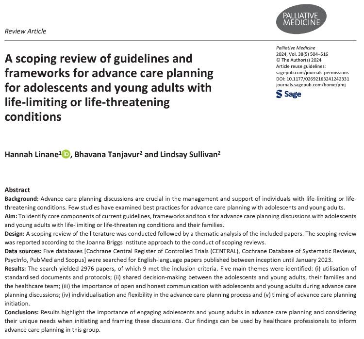 A scoping review of guidelines and frameworks for advance care planning for adolescents and young adults with life-limiting or life-threatening conditions. #hpm #hapc #palliativecare #pedpc buff.ly/4ccGKrN