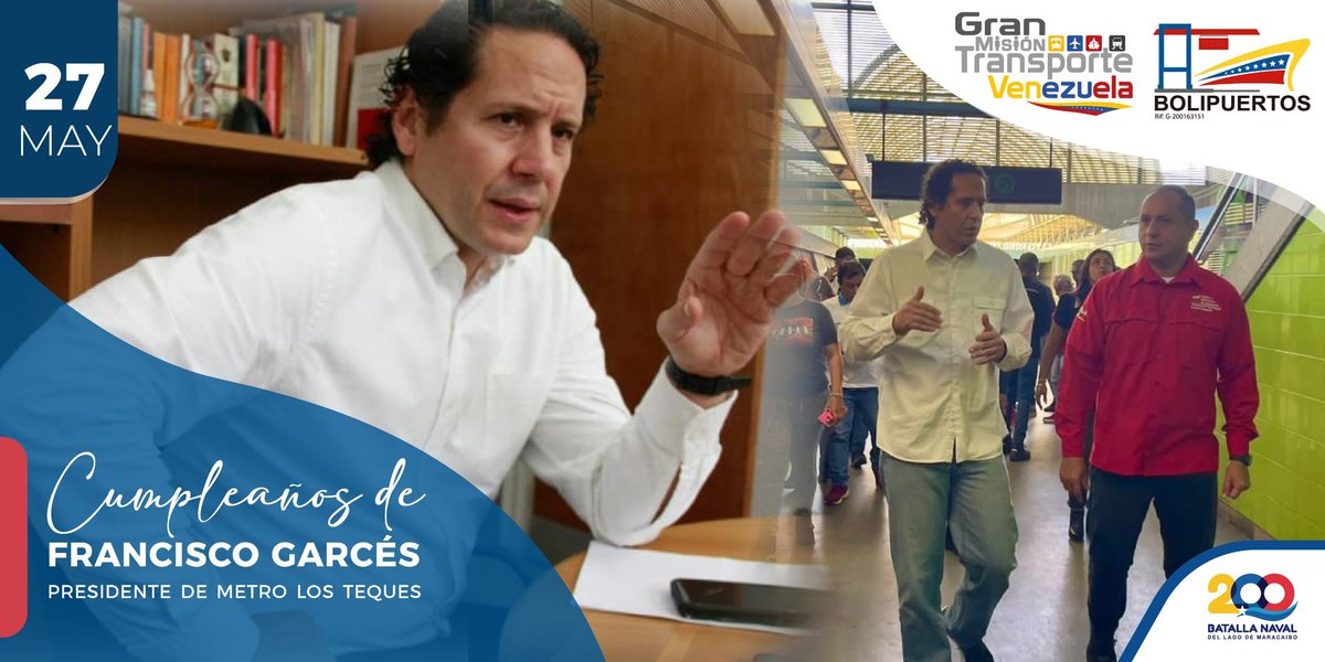 #27May 🇻🇪👷‍♂️ Bolivariana de Puertos felicita a Francisco José Garcés Da Silva, Presidente del Metro Los Teques, con motivo a arribar a un nuevo año de vida. Extendemos nuestros mejores deseos para continuar impulsando las labores de la Gran Misión Transporte Venezuela.
