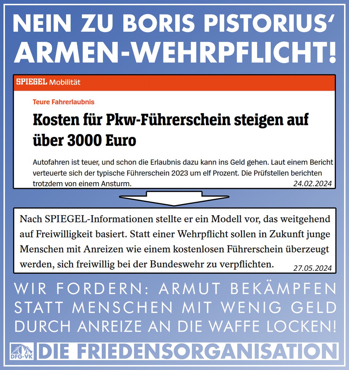 Verteidigungsminister @PistoriusBoris will arme Menschen (noch mehr) durch finanzielle Anreize in die Armee locken. 🪖💸 Damit wird die #Bundeswehr endgültig zur #UnterschichtenArmee. Wir stellen uns gegen die #ArmenWehrpflicht! . #Wehrpflicht #Pistorius