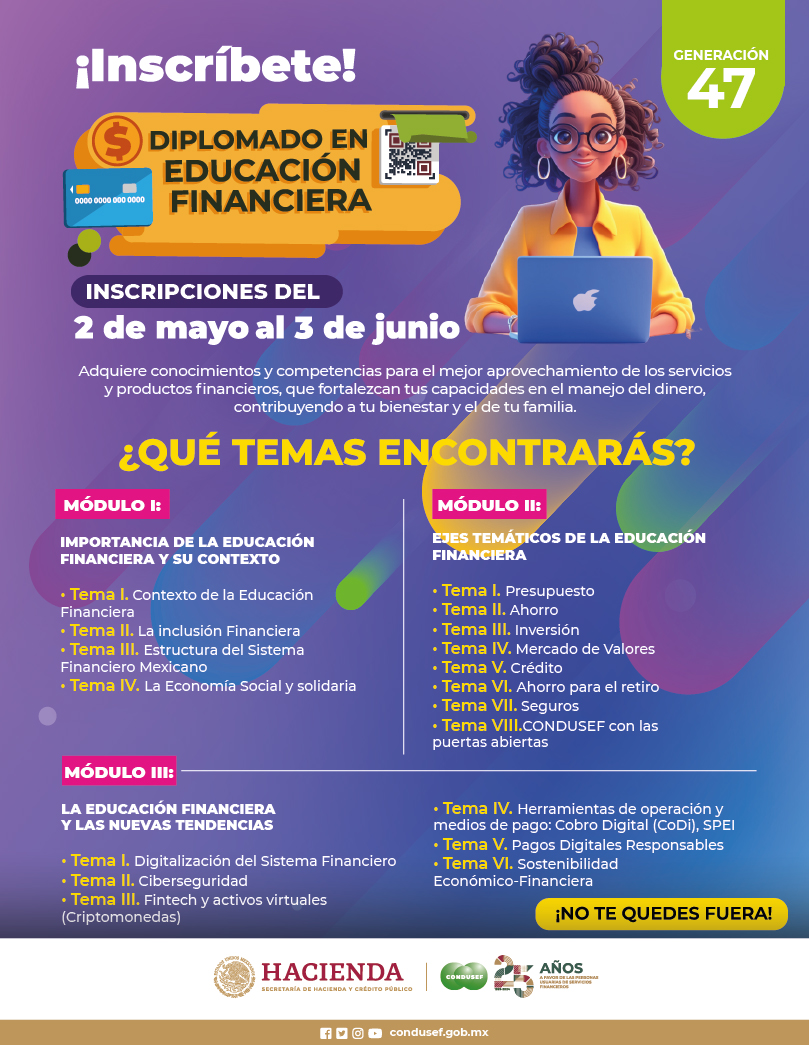 💡💻¡No te quedes fuera!
Aprende a manejar tus finanzas para un futuro exitoso.
¡Inscríbete al #diplomado en educación financiera!
#EducaciónFinanciera #Jóvenes
inscripcion-diplomado.condusef.gob.mx