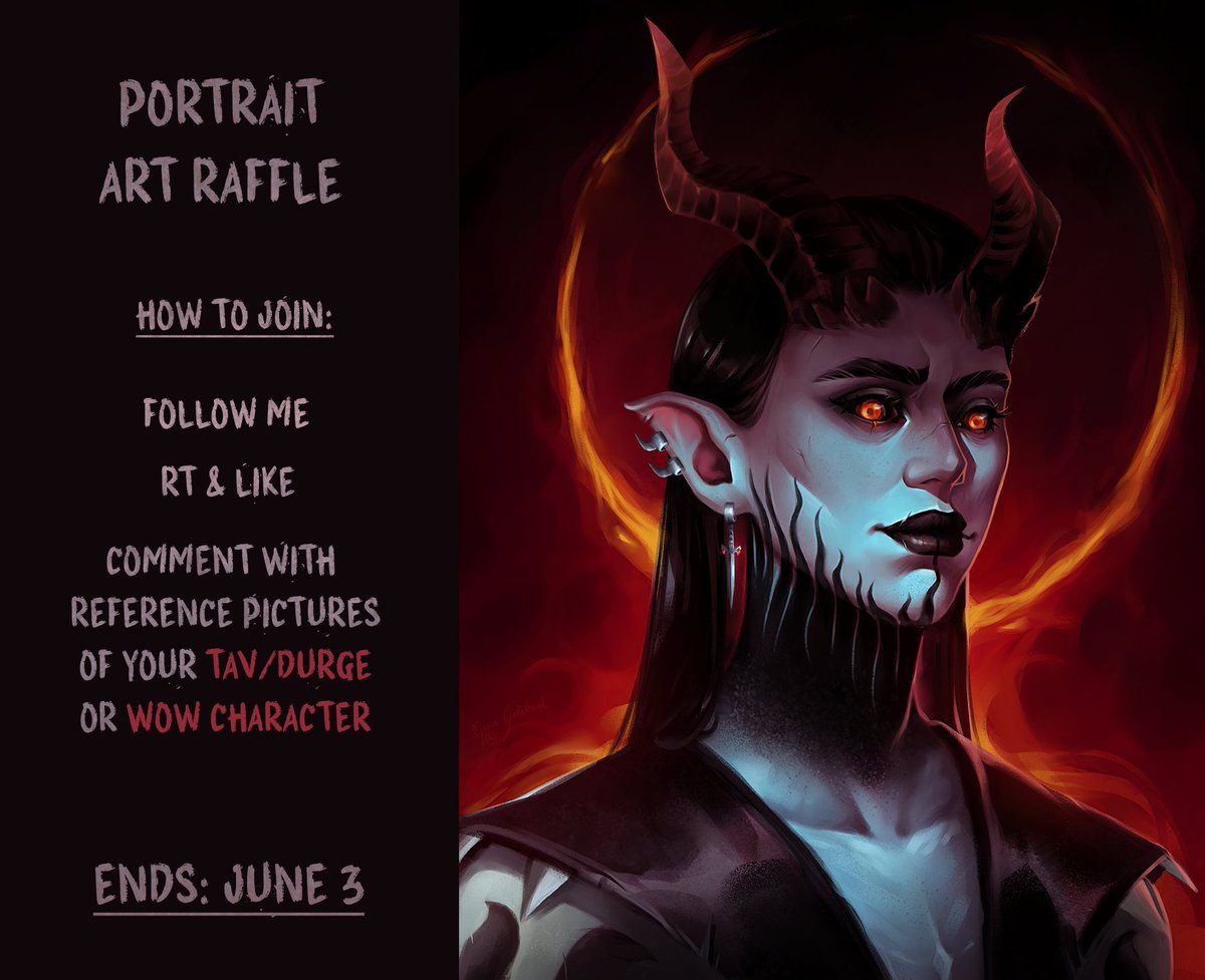 Portrait art raffle ✨

I would love to paint your BG3 or WoW character! Don't hesitate to participate ! The winner will be drawn randomly on June 3. ☺️

How to join:
Follow
RT&amp;Like
Comment with your Tav/Durge/WoW character

#artraffle #artgiveaway #bg3 #tav #durge #warcraftart