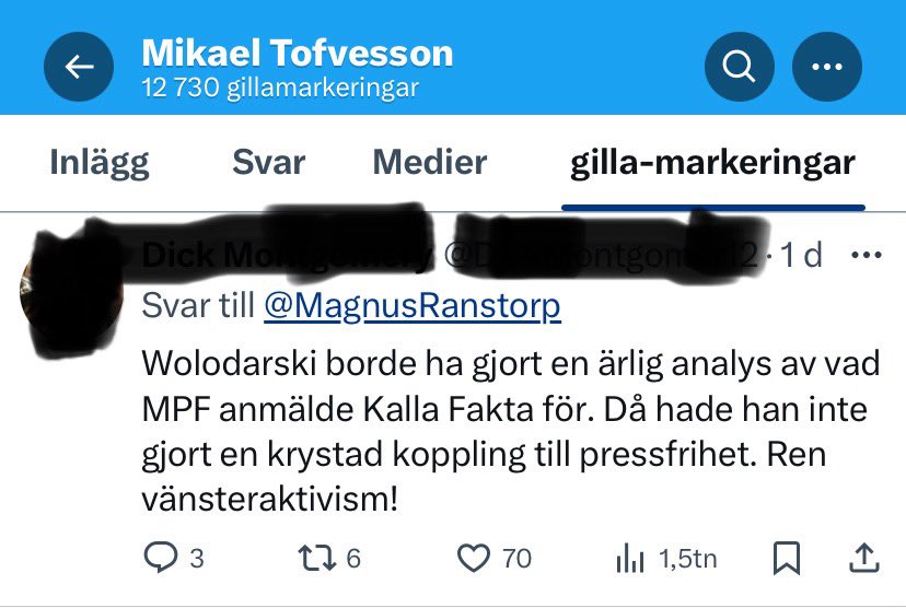 Anmärkningsvärt: MPF:s ställföreträdande myndighetschef Mikael Tovfesson har gilla-markerat inlägg där det riktas avgångskrav mot DN:s chefredaktör <a href="/pwolodarski/">Peter Wolodarski</a> och där han påstås ägna sig åt ”ren vänsteraktivism”.