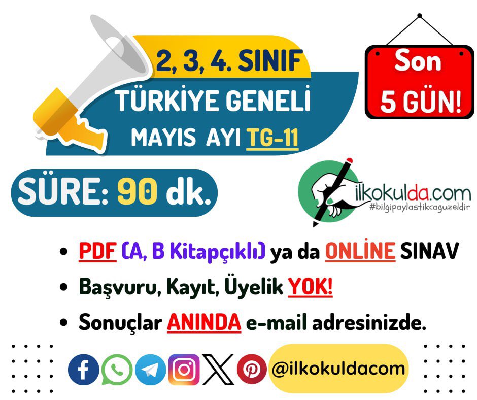 ilkokuldacom's tweet photo. 📌 İlkokul 2️⃣, 3️⃣, 4️⃣. Sınıf MAYIS AYI Sınavı PDF (A, B Kitapçıklı) ve ONLİNE Türkiye Geneli Deneme Sınavı TG-11  (Son 5️⃣ GÜN ‼️)

✔️ 2️⃣. Sınıf: https://t.co/7NzLWnOwAs

✔️ 3️⃣. Sınıf: https://t.co/qZtz8dO0x6

✔️ 4️⃣. Sınıf: https://t.co/BkkZFzuCEh

#ilkokuldacom https://t.co/T3iWVoQlzY