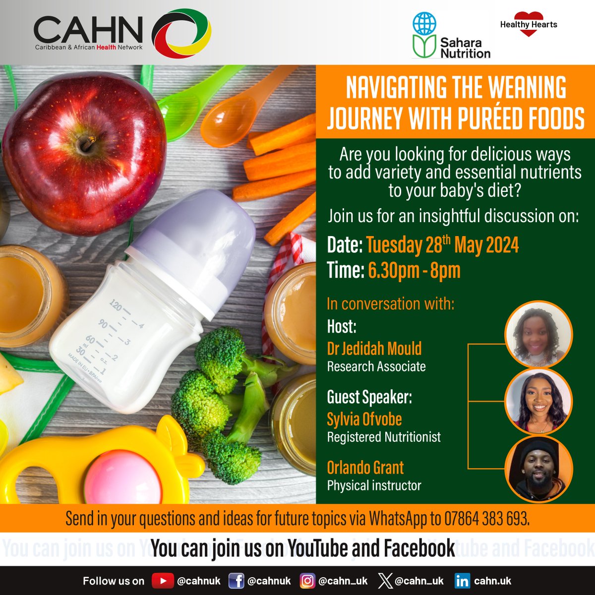 Recently become a parent or grandparent? Let us help you along the process of weaning your young one. We’ll be exploring how to do this using puréed foods at #HealthyHearts on Tues. 
Sign up today!
portal.cahn.org.uk/healthyhearts
And get moving with our live exercise session, too!