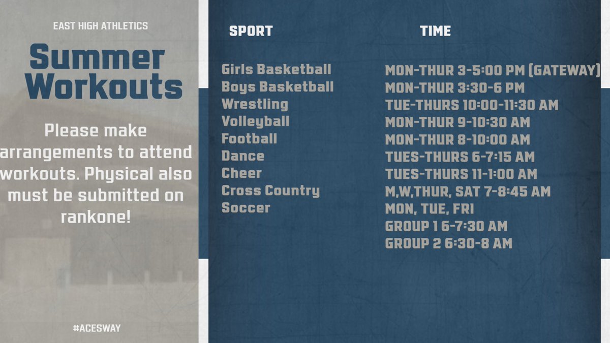 BlueAceAD's tweet photo. If your interested in participating in sports next year, here is the list of summer workouts. Please be sure to upload your new school physical starting June 1st on Rankone. https://t.co/oWdVEzkgSs