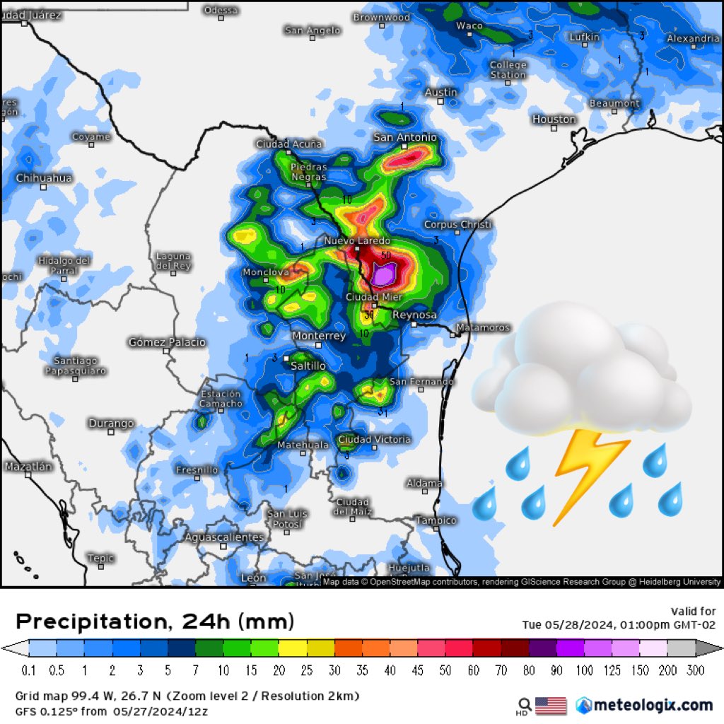 InfoMeteoro's tweet image. 🚨ADVERTENCIA: TORMENTA SEVERA
PRONÓSTICO LUNES 27/may/24

⛈️TORMENTAS SEVERAS
-Coah, NL, Tamps
⚠️Posible granizo grande, ráfagas &amp;gt;70 km/h y tornados.
🌦️Tormentas aisladas
-Zac, SLP, Gto, Qro, Hgo, EdoMex, Mor, CDMX, Gro, Oax, Chis, Chih, Dgo, Jal

🌡️TEMPERATURAS °C
🔴42-48 Coah,…
