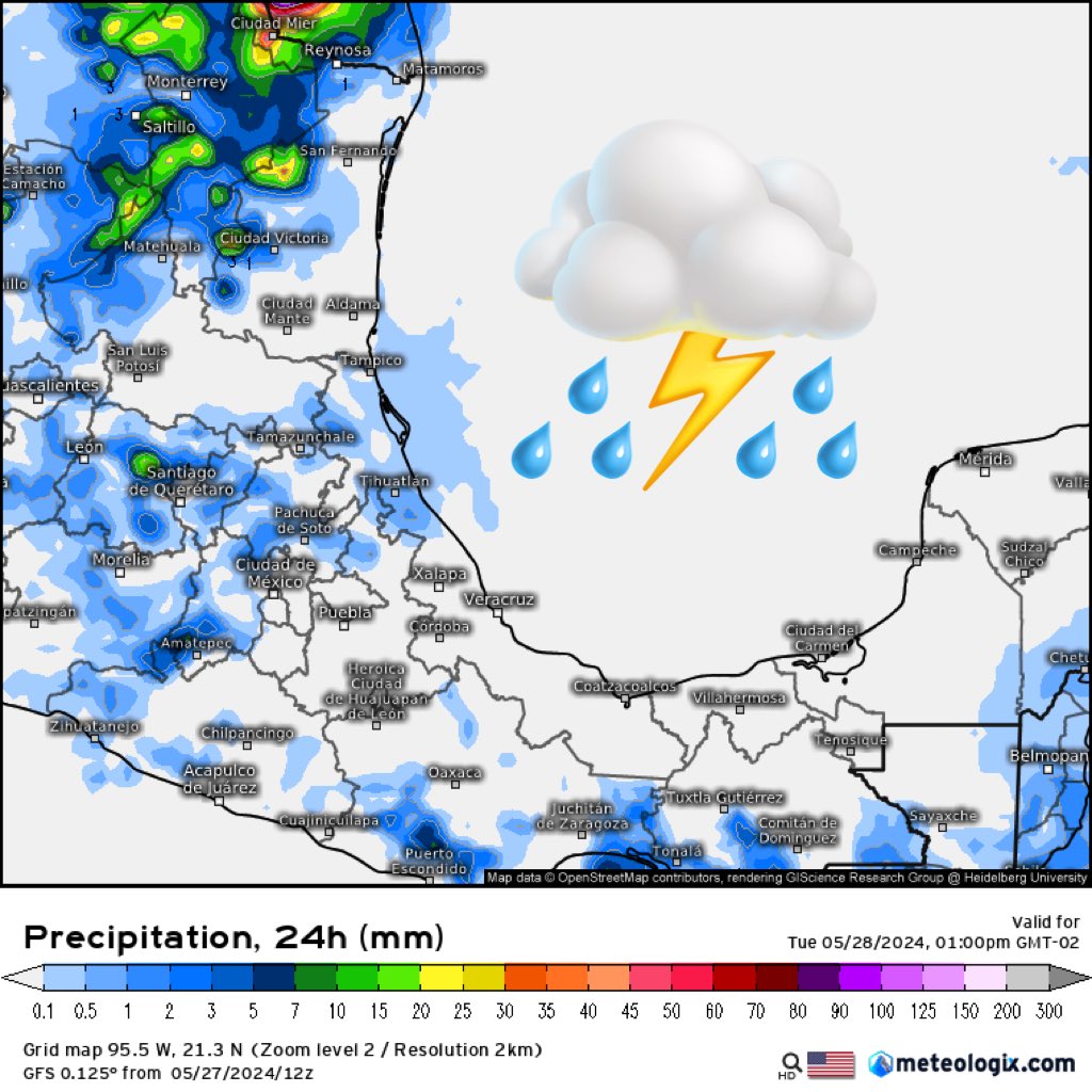 InfoMeteoro's tweet image. 🚨ADVERTENCIA: TORMENTA SEVERA
PRONÓSTICO LUNES 27/may/24

⛈️TORMENTAS SEVERAS
-Coah, NL, Tamps
⚠️Posible granizo grande, ráfagas &amp;gt;70 km/h y tornados.
🌦️Tormentas aisladas
-Zac, SLP, Gto, Qro, Hgo, EdoMex, Mor, CDMX, Gro, Oax, Chis, Chih, Dgo, Jal

🌡️TEMPERATURAS °C
🔴42-48 Coah,…