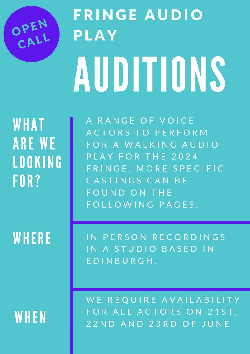 GetTaeArts's tweet photo. FRINGE AUDIO PLAY CASTING CALL

Casting for a new audio play for the 2024 Edinburgh Fringe.

Please find roles for casting below.🧵

gettaecollective@gmail.com https://t.co/H4X7vG8E8C