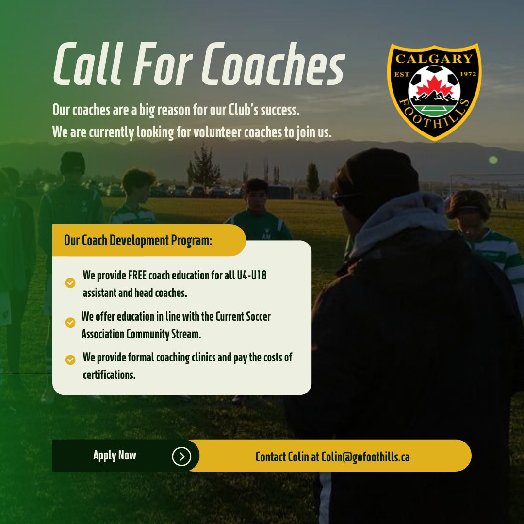 Our coaches are the backbone of our club’s success, and we are currently seeking passionate volunteer coaches to join our team. 🌟

Apply now and learn more about our Coaching Program here: gofoothills.ca/coach-developm…

#CalgarySoccer #Soccer #YYC #Calgary #Volunteer