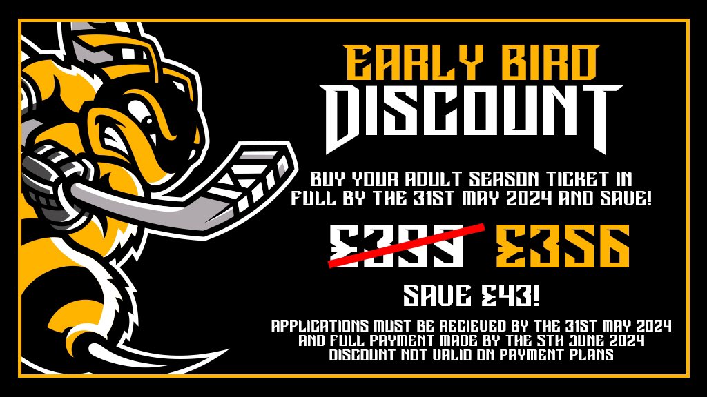 You have just 4 days to take advantage of our Early Bird Season Ticket offer 

Applications must be in by 11:59pm on 31st May and payment to be made in full by the 5th of June

beesicehockey.com/season-tickets/