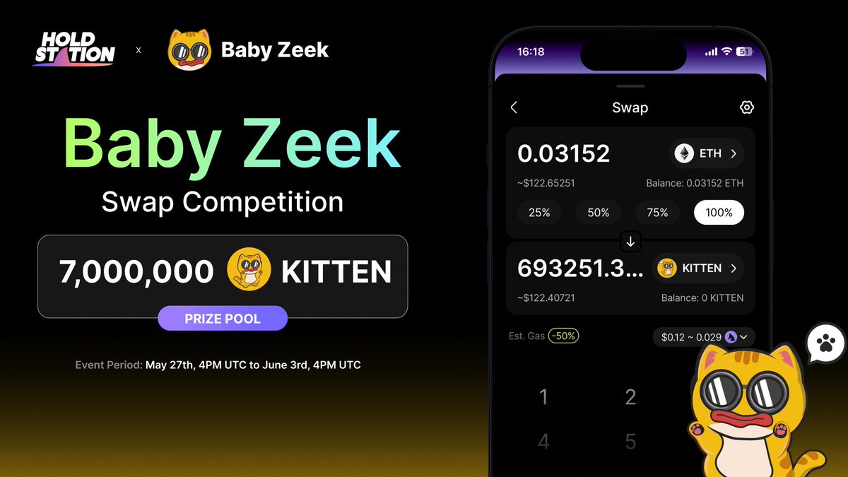 HoldstationW's tweet photo. Dad, is that you? 🐱 $KITTEN carries the Zeek legacy forward!

Join our Baby Zeek Swap Competition to win from a 7,000,000 $KITTEN prize pool!

📅 Event: May 27th, 4PM UTC - June 3rd, 4PM UTC

✅ Qualify: Swap $30+ of $KITTEN on #Holdstation & hold 70,000 $KITTEN.

🏆 Prizes:
🥇 1st: 2,500,000 $KITTEN
🥈 2nd: 2,000,000 $KITTEN
🥉 3rd: 1,500,000 $KITTEN
4️⃣ & 5️⃣: 500,000 $KITTEN each

📲 Join the fun & claim your share! 🔗 https://t.co/FGxlYAK4k3

#HoldSwapCamp @babyzeekcoin