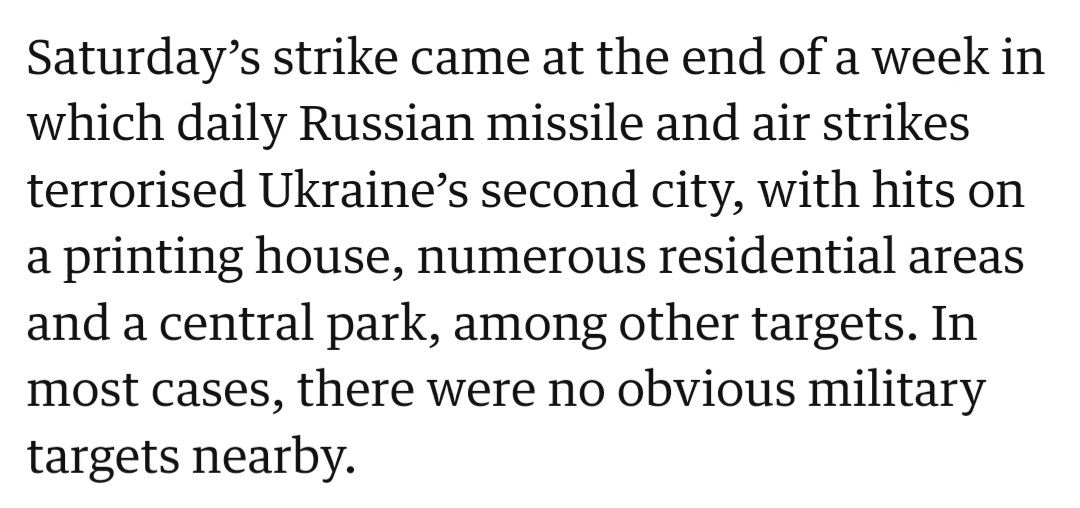 No doubt Russian airstrikes are 'terrorising' Kharkiv. But you'll be hard-pressed to find a Guardian news report describing US, UK or Israeli airstrikes as terrorising the cities they have repeatedly bombed @ElwinWay @medialens @CPMacL2008