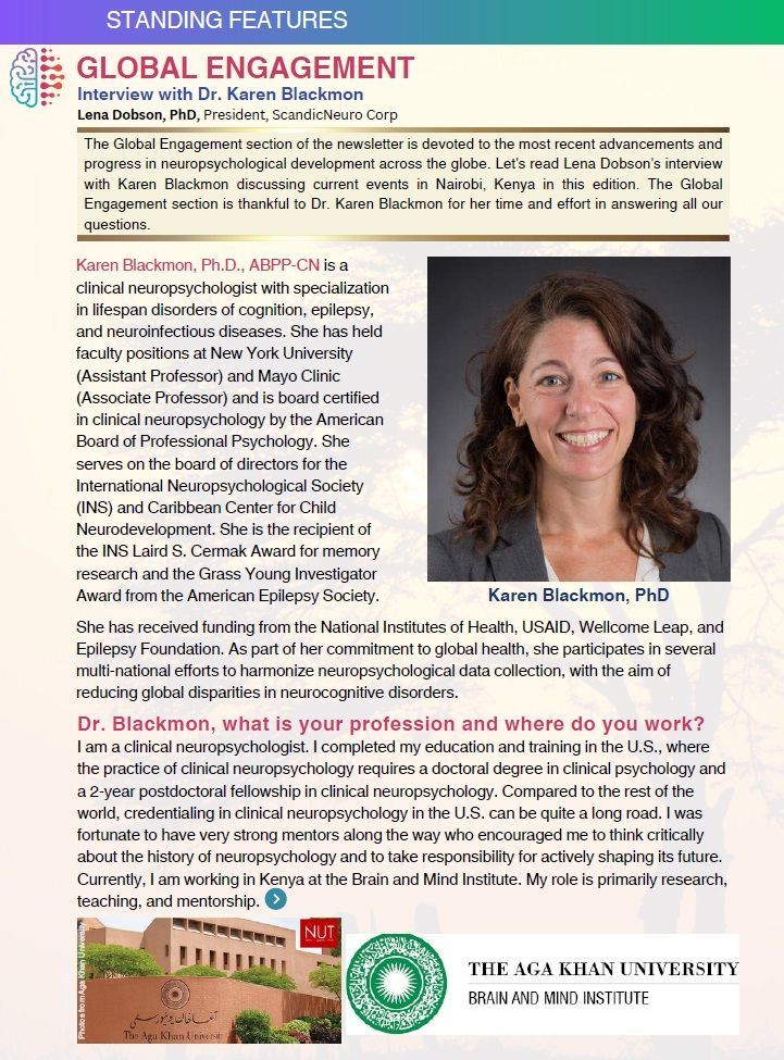 INSneuro's tweet photo. Discover Dr. Karen Blackmon’s pioneering work in Nairobi, Kenya! Through fostering international collaboration, she strives to advance local neuropsychological care. Read more about her initiative in the latest INS newsletter: https://t.co/pN6GVyuG78 https://t.co/XNnS6XDHK3