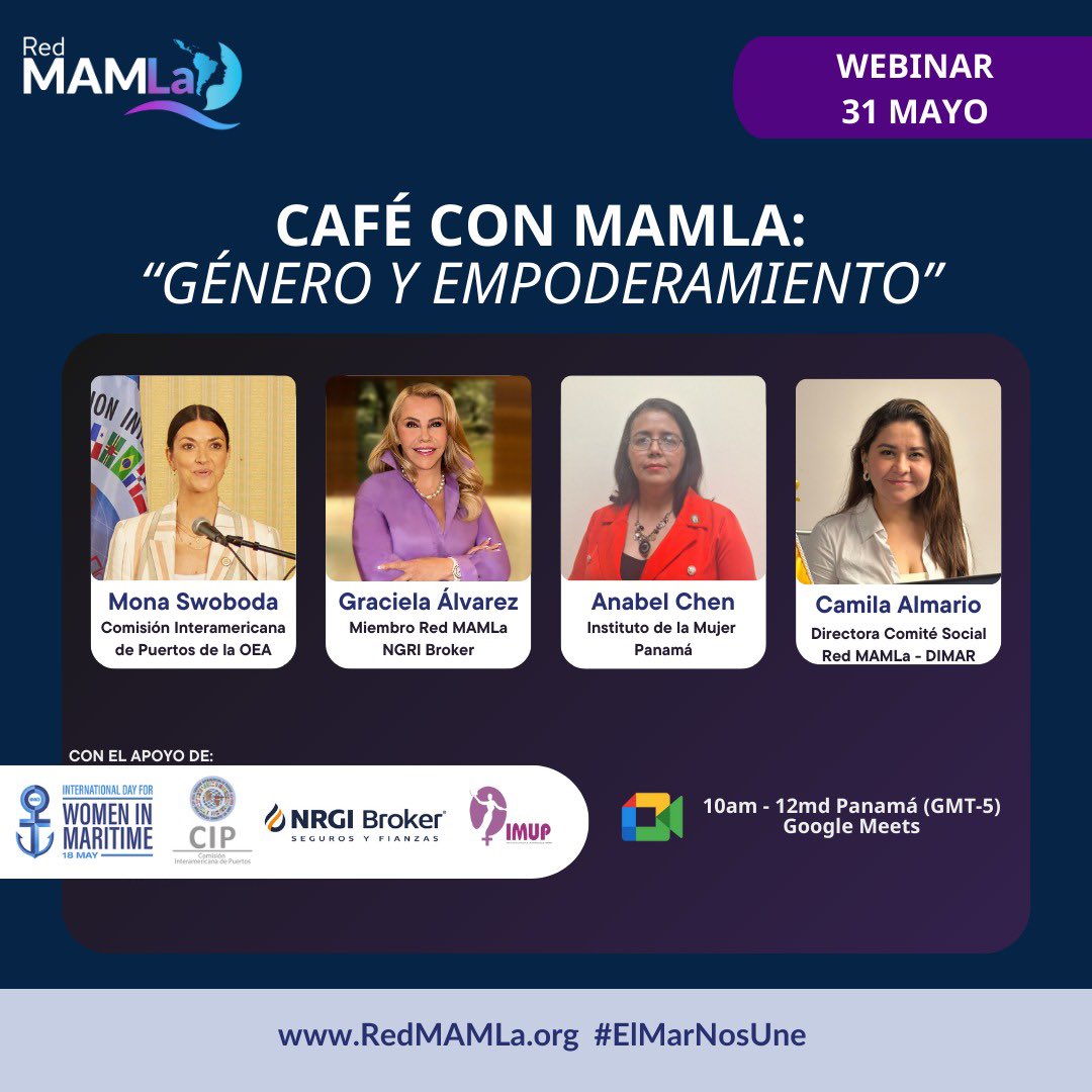 ¡Género y Empoderamiento, nuestro próximo Café con MAMLa! ☕ ⚓️ 💡

▶️31 de mayo
▶️ 10 am hora Panamá – GMT-5
▶️Google Meets: Registro aquí: docs.google.com/forms/d/e/1FAI…

@IMOHQ @MacarenaCladera @ElviaBustavino #Webinar #Genero #Empoderamiento