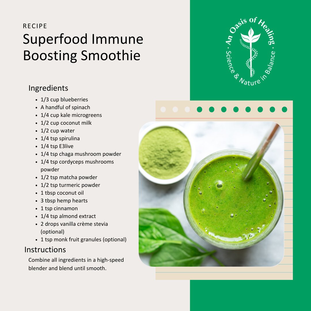 Summer Superfood Smoothie! 💚 Find the recipe here: anoasisofhealing.com/superfood-immu… #smoothierecipe #healthyrecipe #healthyfood #superfoods #boostimmunity