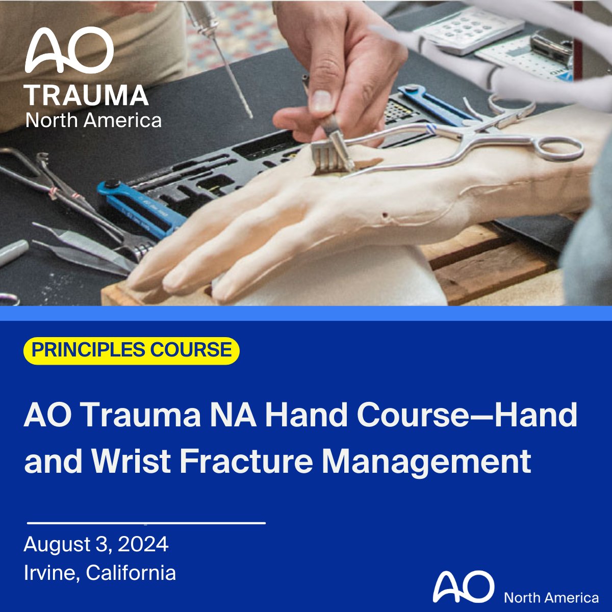 ✋🏼 Register now for the AO Trauma NA Hand Course - Hand and Wrist Fracture Management in Irvine, CA on August 3. 
@AOTrauma 
  
For more information and to register, please visit: bit.ly/Irvine_Hand
#HandSurgeon #AONAHand