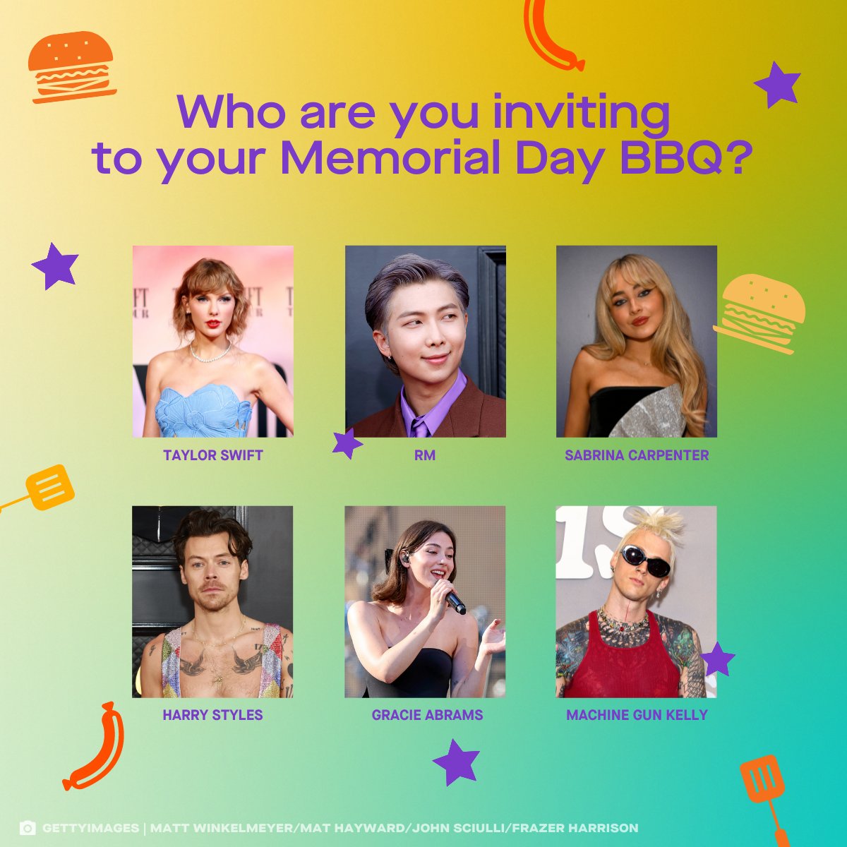 Crank up your grill and turn up 'Summer Hits' Radio this Memorial Day: auda.cy/SummerTW 🌭 🍔 ☀️ @taylorswift13 ☀️ RM of @BTS_twt ☀️ @SabrinaAnnLynn ☀️ @Harry_Styles ☀️ @gracieabrams ☀️ @machinegunkelly