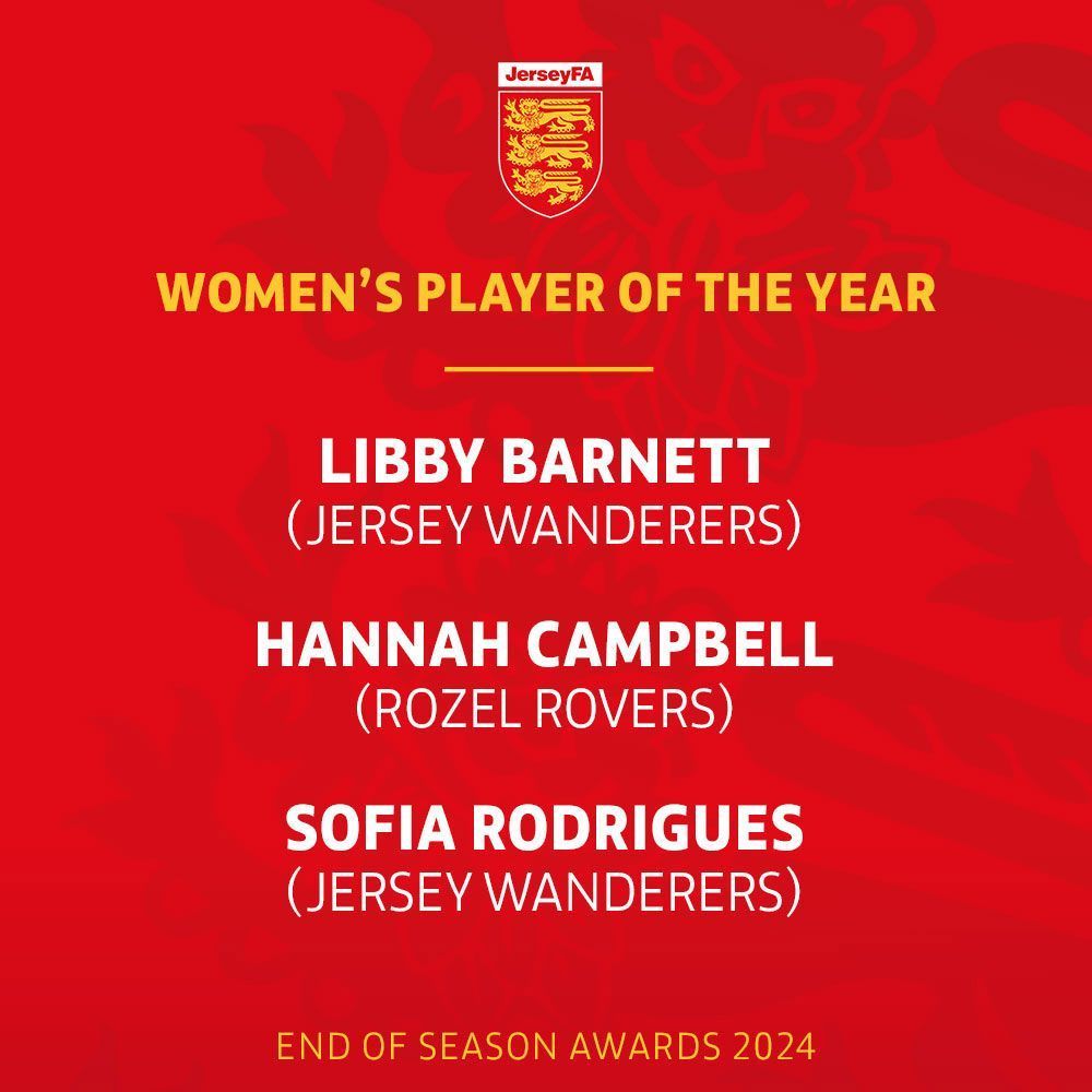 Jersey Football Association ๐ฏ๐ช (@jerseyfa) on Twitter photo Our penultimate Awards category to be announced is the Womenโs Player of the Year
Libby Barnett (Jersey Wanderers)
Hannah Campbell (Rozel Rovers)
Sofia Rodrigues (Jersey Wanderers)
Join us at L'Horizon Hotel on Friday 7th June ๐
๐ฅ Info@JerseyFA.com to book your tickets. Our penultimate Awards category to be announced is the Womenโs Player of the Year
Libby Barnett (Jersey Wanderers)
Hannah Campbell (Rozel Rovers)
Sofia Rodrigues (Jersey Wanderers)
Join us at L'Horizon Hotel on Friday 7th June ๐
๐ฅ Info@JerseyFA.com to book your tickets.