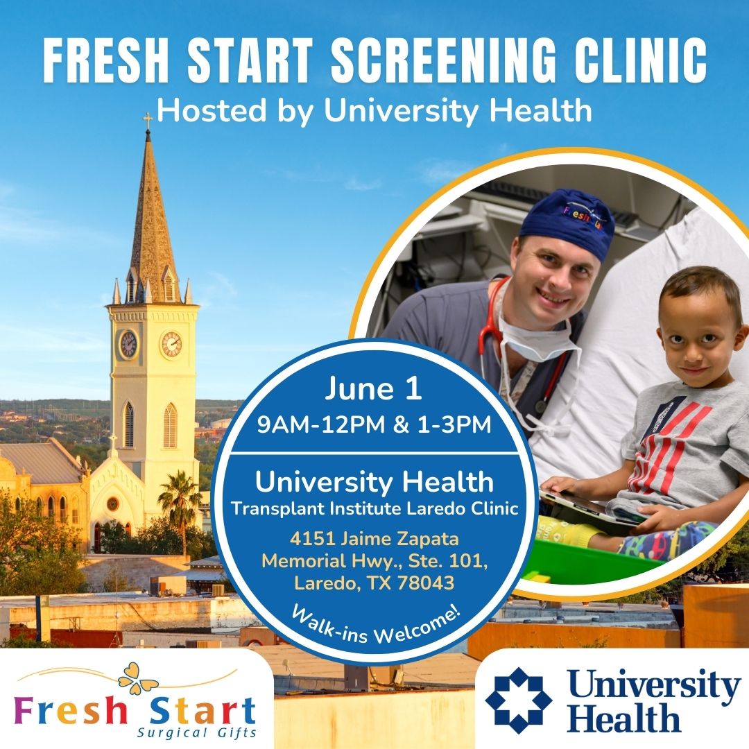 Come join us for a FREE Screening Clinic in Laredo, TX, hosted by Fresh Start and @UnivHealthSA! It's an incredible opportunity for families in need. Let's spread the word and help those who could benefit from reconstructive surgery but may lack insurance or financial resources.