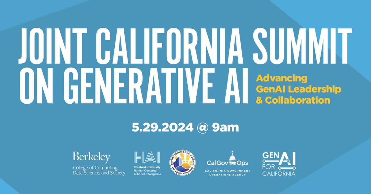 We’re livestreaming the Joint California Summit on Generative AI on Wednesday, May 29. Join us alongside @BerkeleyDataSci, @CAGoBiz, and @CAGovOps to discuss the impacts of GenAI on California and its workforce. #CaliforniaGenAI Watch here at 9 am PT: stanford.io/3KjzpKX