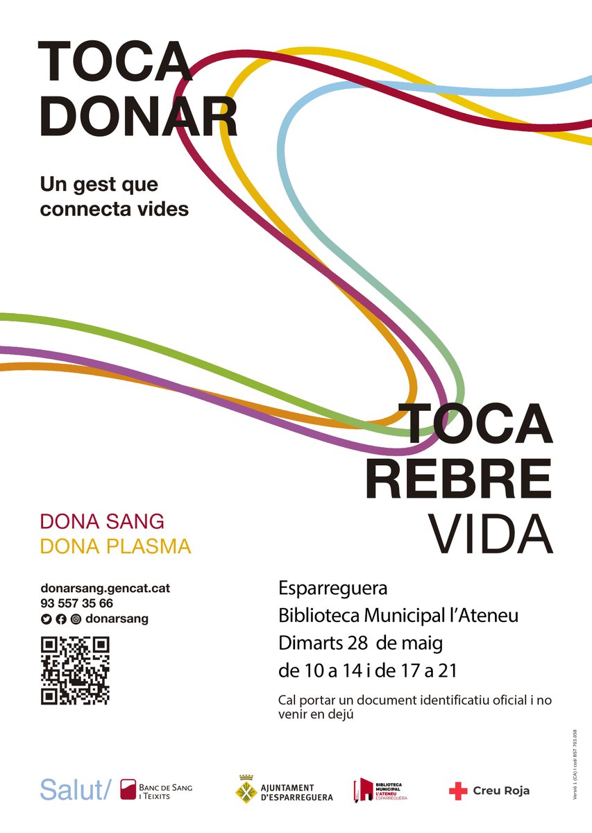 🔴⚠️ #Esparreguera acull una nova campanya de @donarsang:

📆 Dimarts 28 de maig
🩸 #donaciódesang i #plasma
📍 @BibEsparreguera
 
🕙 De 10 a 14h i de 17 a 21h
❗ Cal reservar hora

👉 donarsang.gencat.cat